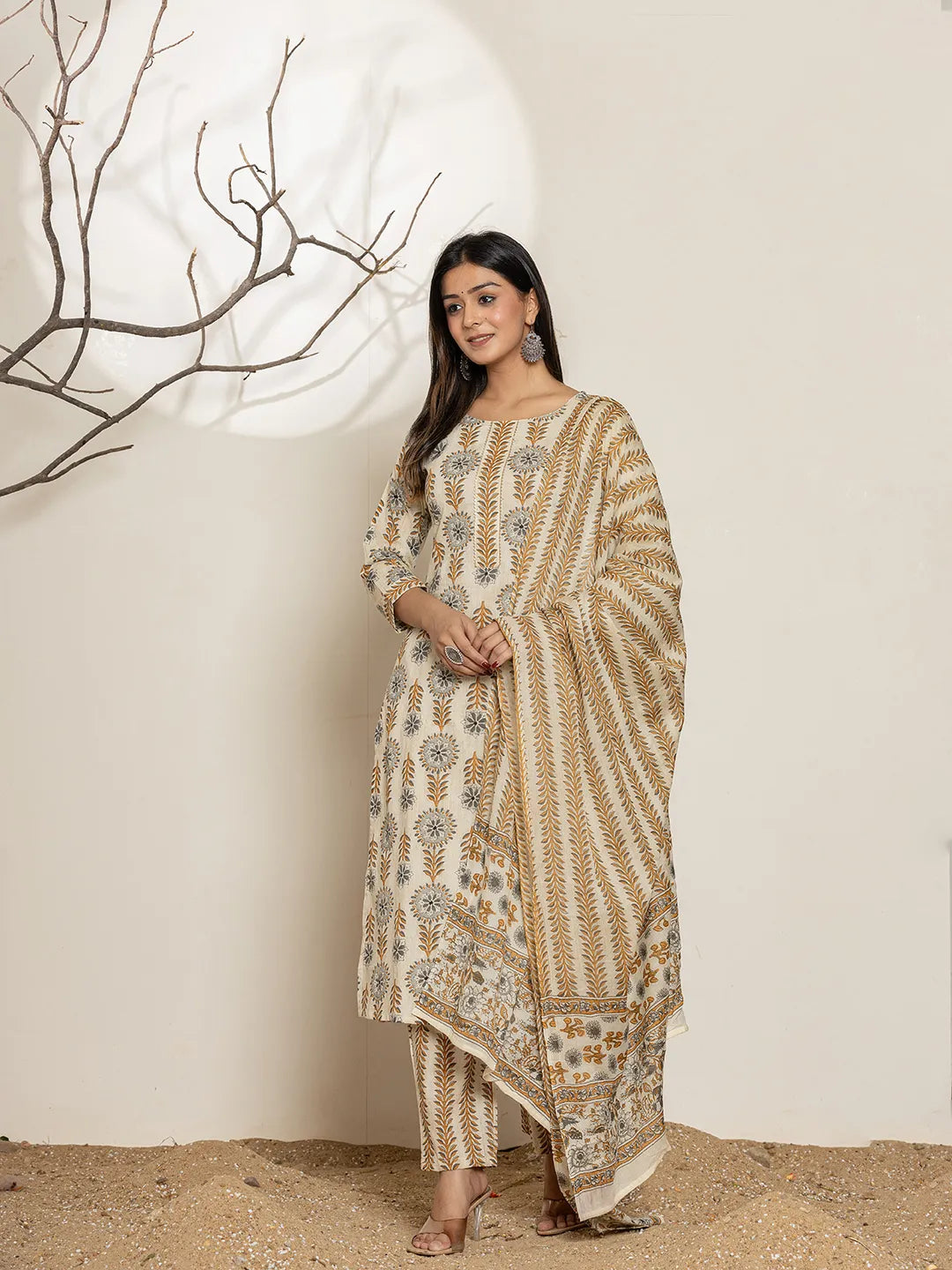 Yufta Grey Floral Print Cotton Straight Kurta Dupatta Set | Grocsy