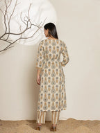 Yufta Grey Floral Print Cotton Straight Kurta Dupatta Set | Grocsy