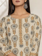 Yufta Grey Floral Print Cotton Straight Kurta Dupatta Set | Grocsy