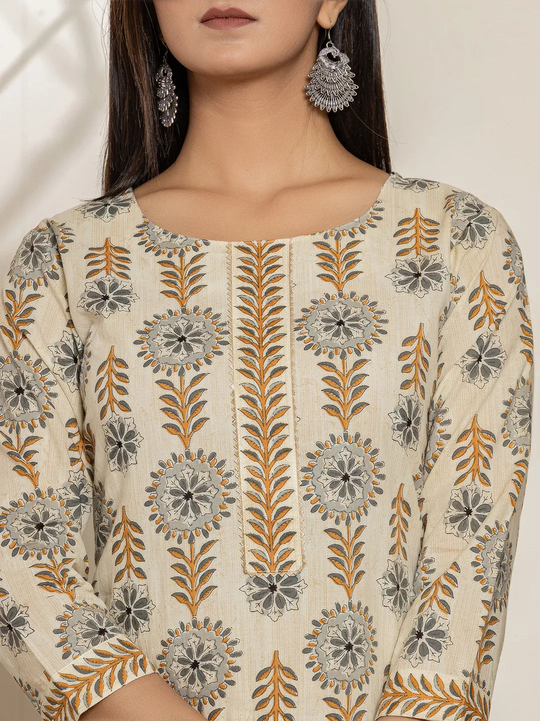 Yufta Grey Floral Print Cotton Straight Kurta Dupatta Set | Grocsy