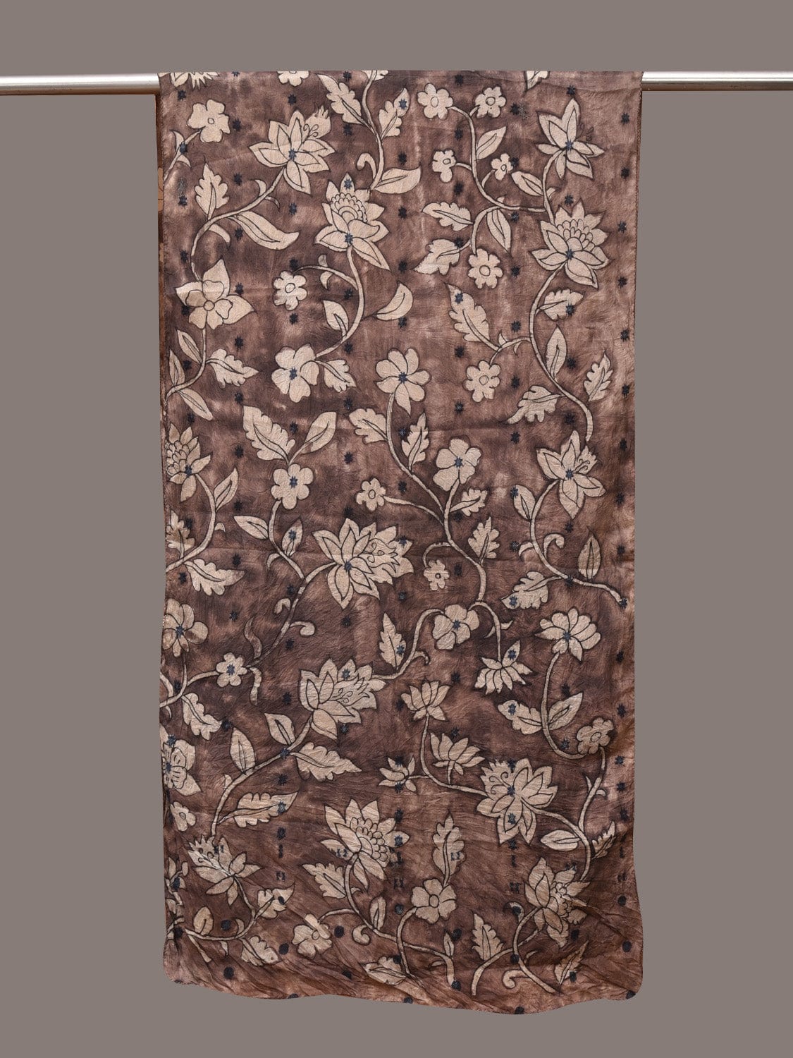 Grey Kalamkari Hand Painted Cotton Silk Stole with Floral Design - Global Threads | Grocsy