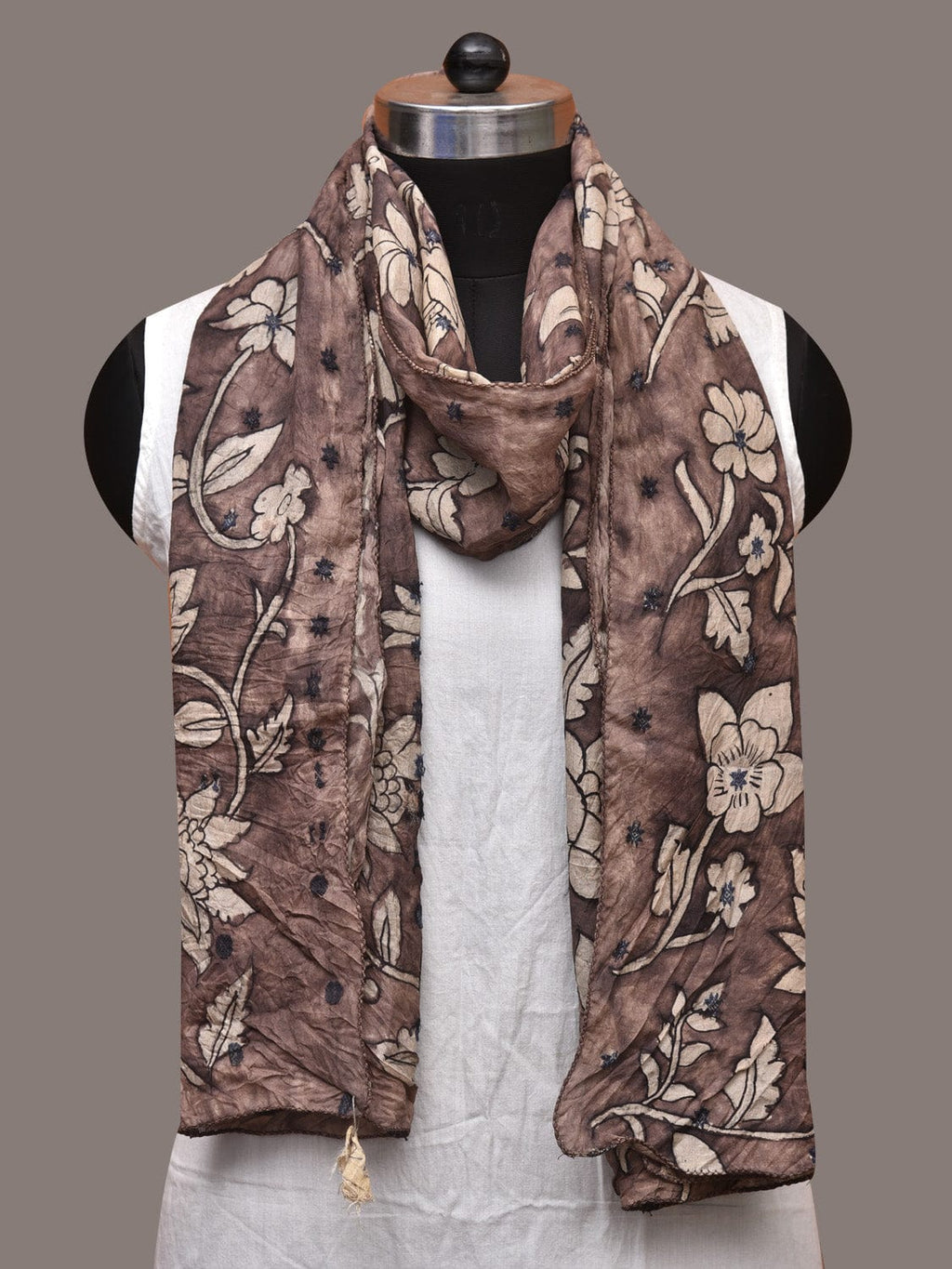 Grey Kalamkari Hand Painted Cotton Silk Stole with Floral Design - Global Threads | Grocsy