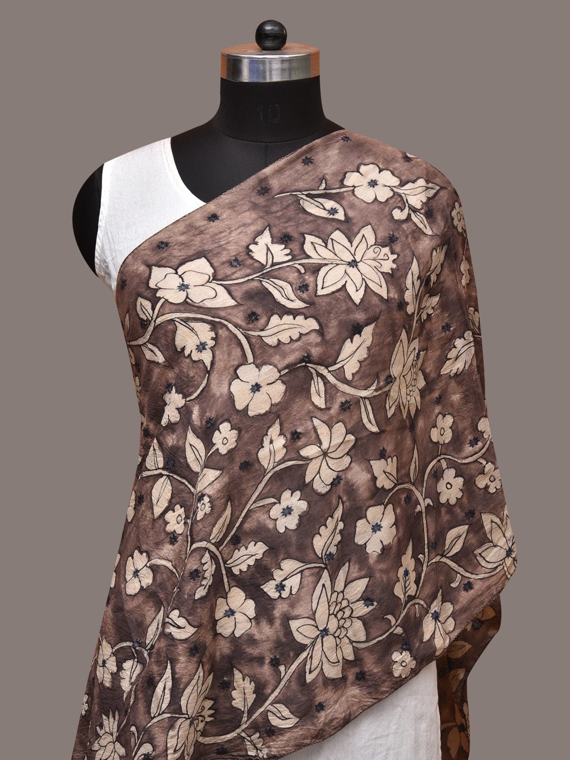 Grey Kalamkari Hand Painted Cotton Silk Stole with Floral Design - Global Threads | Grocsy