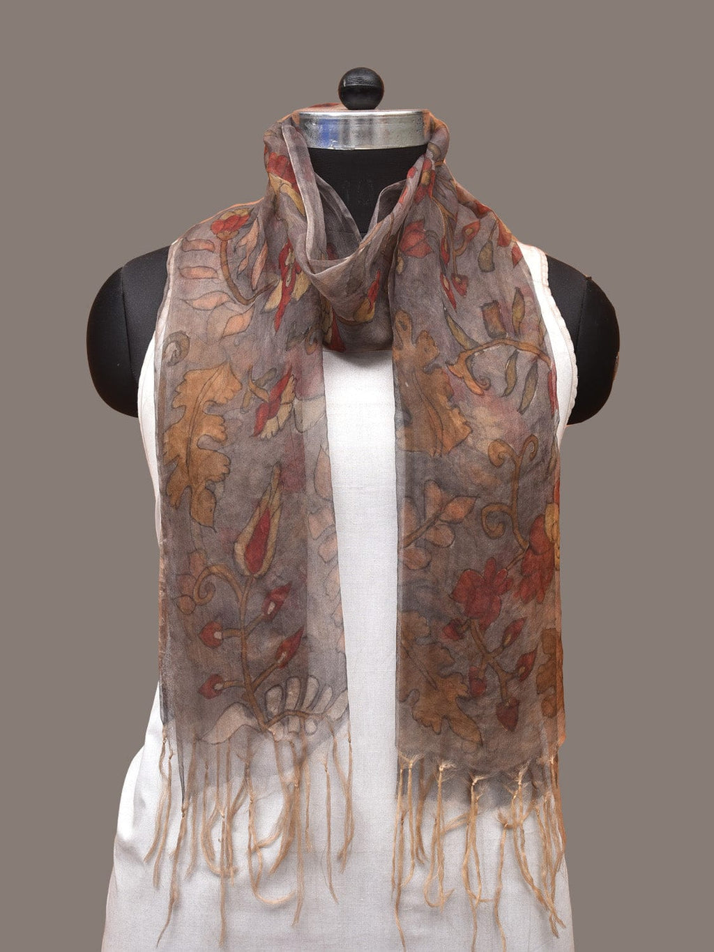Grey Kalamkari Hand Painted Organza Stole with Floral Design - Global Threads | Grocsy