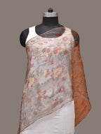 Grey Kalamkari Hand Painted Organza Stole with Floral Design - Global Threads | Grocsy