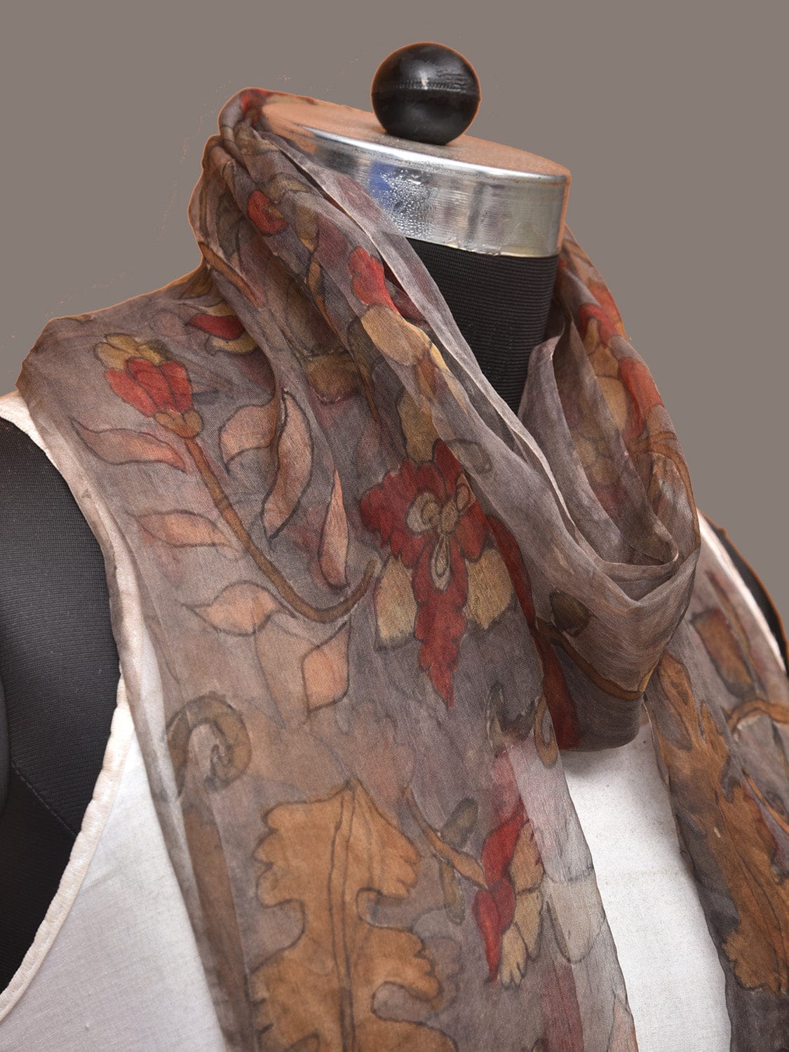 Grey Kalamkari Hand Painted Organza Stole with Floral Design - Global Threads | Grocsy