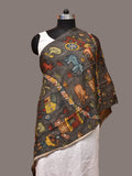 Grey Kalamkari Hand Painted Sico Stole with Village and Animals Theme Design - Global Threads | Grocsy