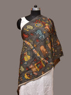 Grey Kalamkari Hand Painted Sico Stole with Village and Animals Theme Design - Global Threads | Grocsy