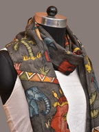 Grey Kalamkari Hand Painted Sico Stole with Village and Animals Theme Design - Global Threads | Grocsy