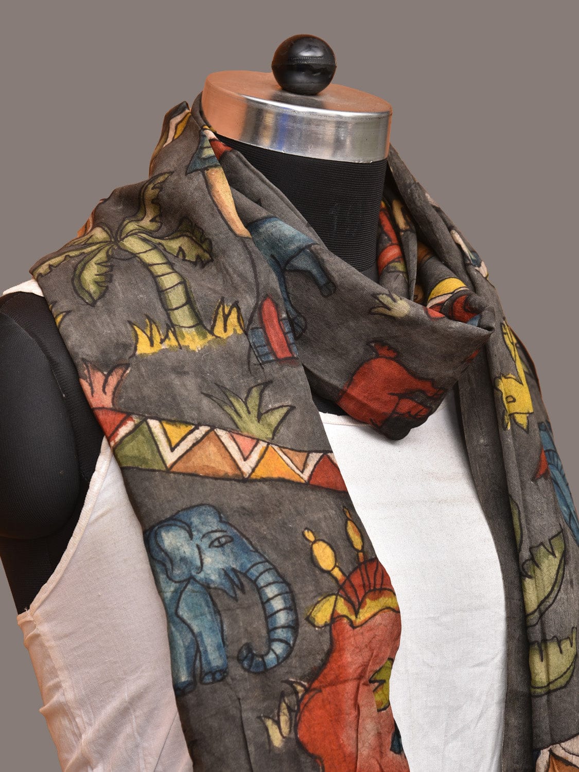 Grey Kalamkari Hand Painted Sico Stole with Village and Animals Theme Design - Global Threads | Grocsy
