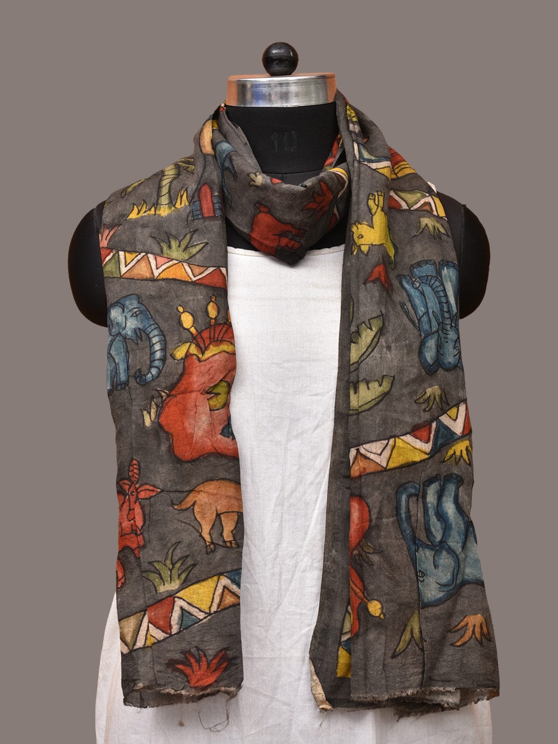 Grey Kalamkari Hand Painted Sico Stole with Village and Animals Theme Design - Global Threads | Grocsy