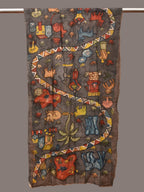 Grey Kalamkari Hand Painted Sico Stole with Village and Animals Theme Design - Global Threads | Grocsy