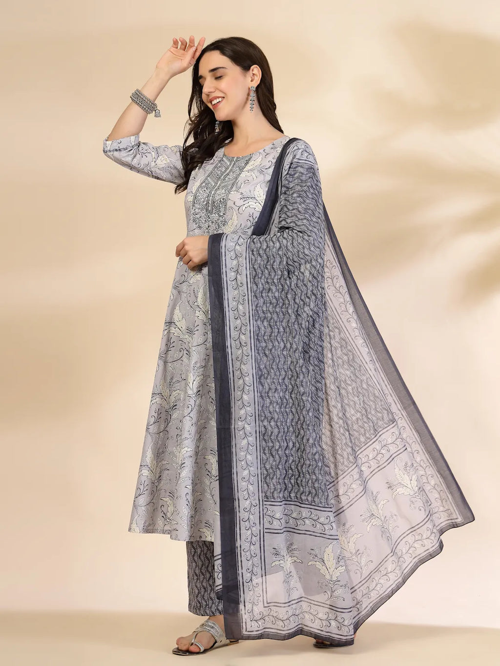 Yufta Grey Pure Cotton Anarkali Dupatta Pant Set | Grocsy