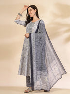 Yufta Grey Pure Cotton Anarkali Dupatta Pant Set | Grocsy