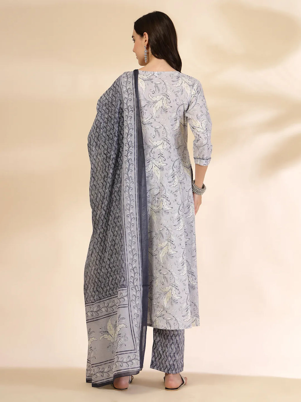 Yufta Grey Pure Cotton Anarkali Dupatta Pant Set | Grocsy
