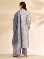 Yufta Grey Pure Cotton Anarkali Dupatta Pant Set | Grocsy