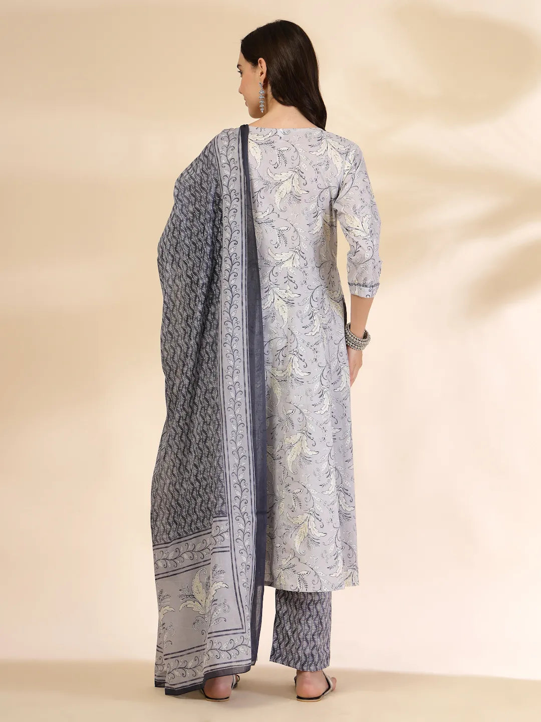 Yufta Grey Pure Cotton Anarkali Dupatta Pant Set | Grocsy