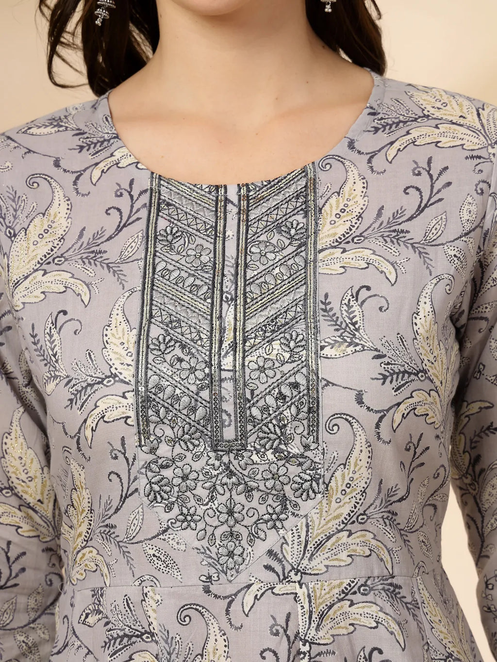 Yufta Grey Pure Cotton Anarkali Dupatta Pant Set | Grocsy