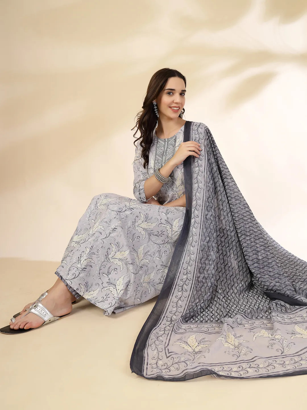 Yufta Grey Pure Cotton Anarkali Dupatta Pant Set | Grocsy