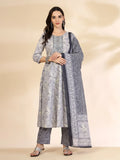 Yufta Grey Pure Cotton Anarkali Dupatta Pant Set | Grocsy