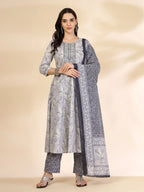 Yufta Grey Pure Cotton Anarkali Dupatta Pant Set | Grocsy