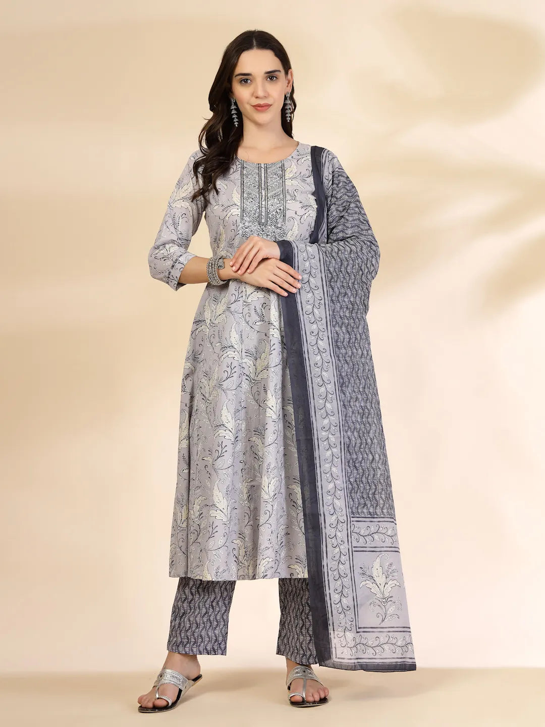 Yufta Grey Pure Cotton Anarkali Dupatta Pant Set | Grocsy