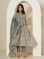 Yufta Grey Sequins_Work Pure Cotton Anarkali Kurta And Dupatta Set | Grocsy