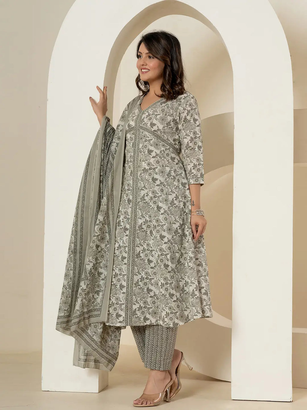 Yufta Grey Sequins_Work Pure Cotton Anarkali Kurta And Dupatta Set | Grocsy