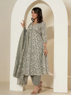 Yufta Grey Sequins_Work Pure Cotton Anarkali Kurta And Dupatta Set | Grocsy
