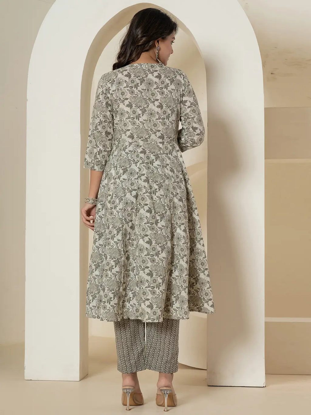 Yufta Grey Sequins_Work Pure Cotton Anarkali Kurta And Dupatta Set | Grocsy