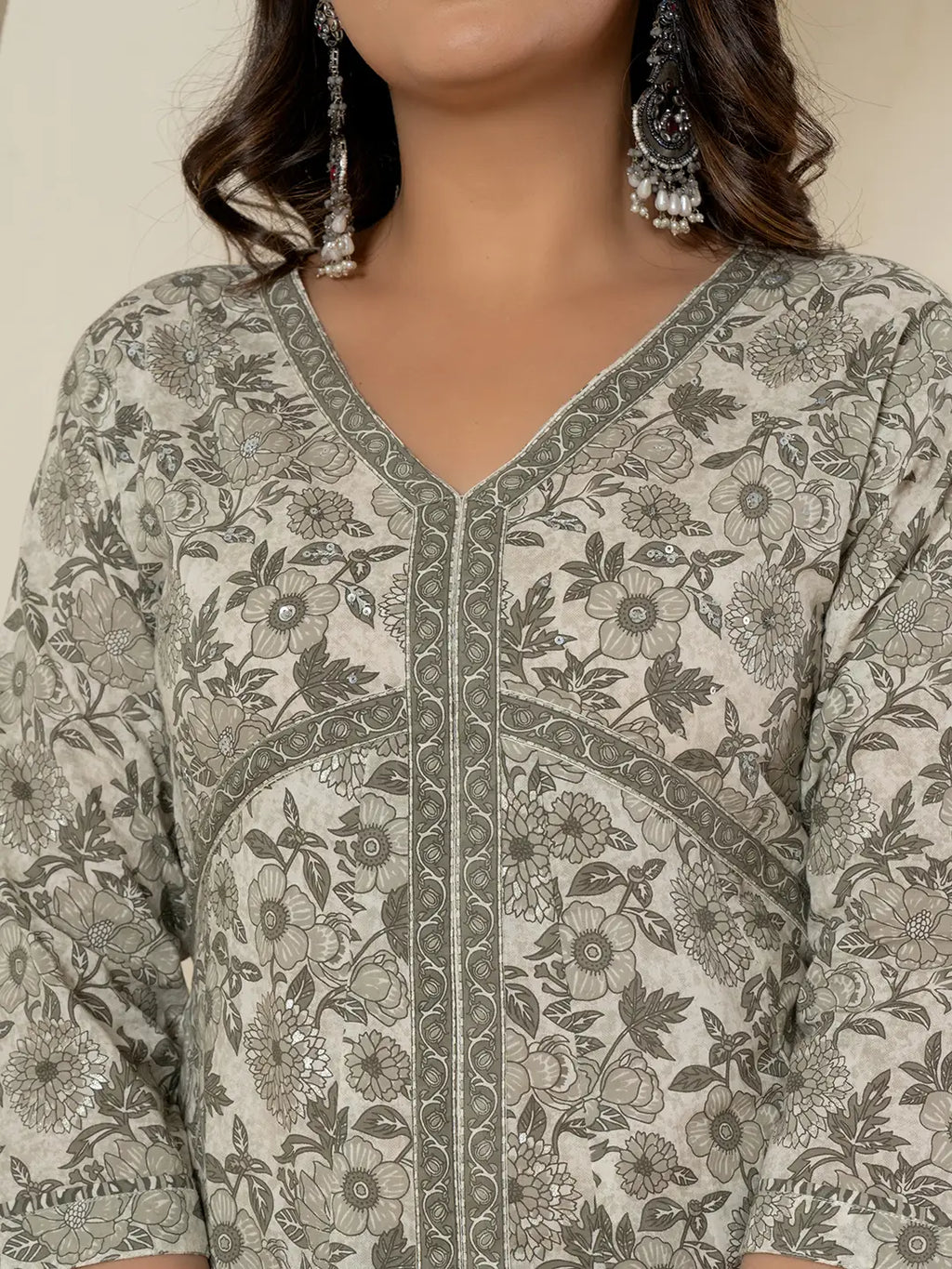 Yufta Grey Sequins_Work Pure Cotton Anarkali Kurta And Dupatta Set | Grocsy