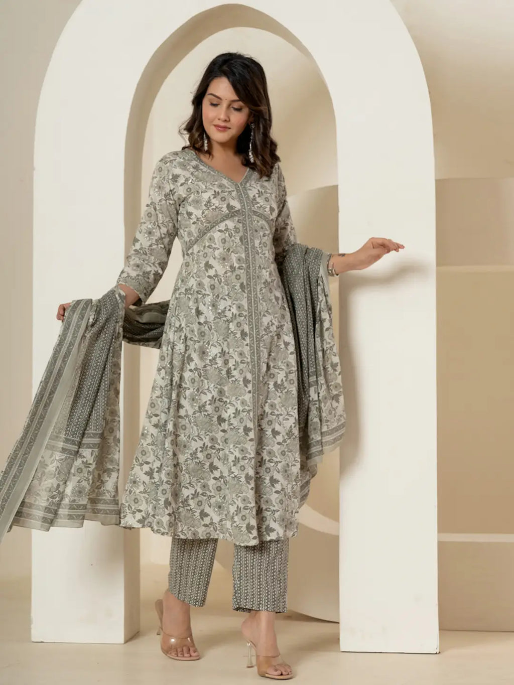 Yufta Grey Sequins_Work Pure Cotton Anarkali Kurta And Dupatta Set | Grocsy