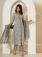Yufta Grey Sequins_Work Pure Cotton Anarkali Kurta And Dupatta Set | Grocsy