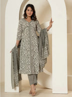Yufta Grey Sequins_Work Pure Cotton Anarkali Kurta And Dupatta Set | Grocsy