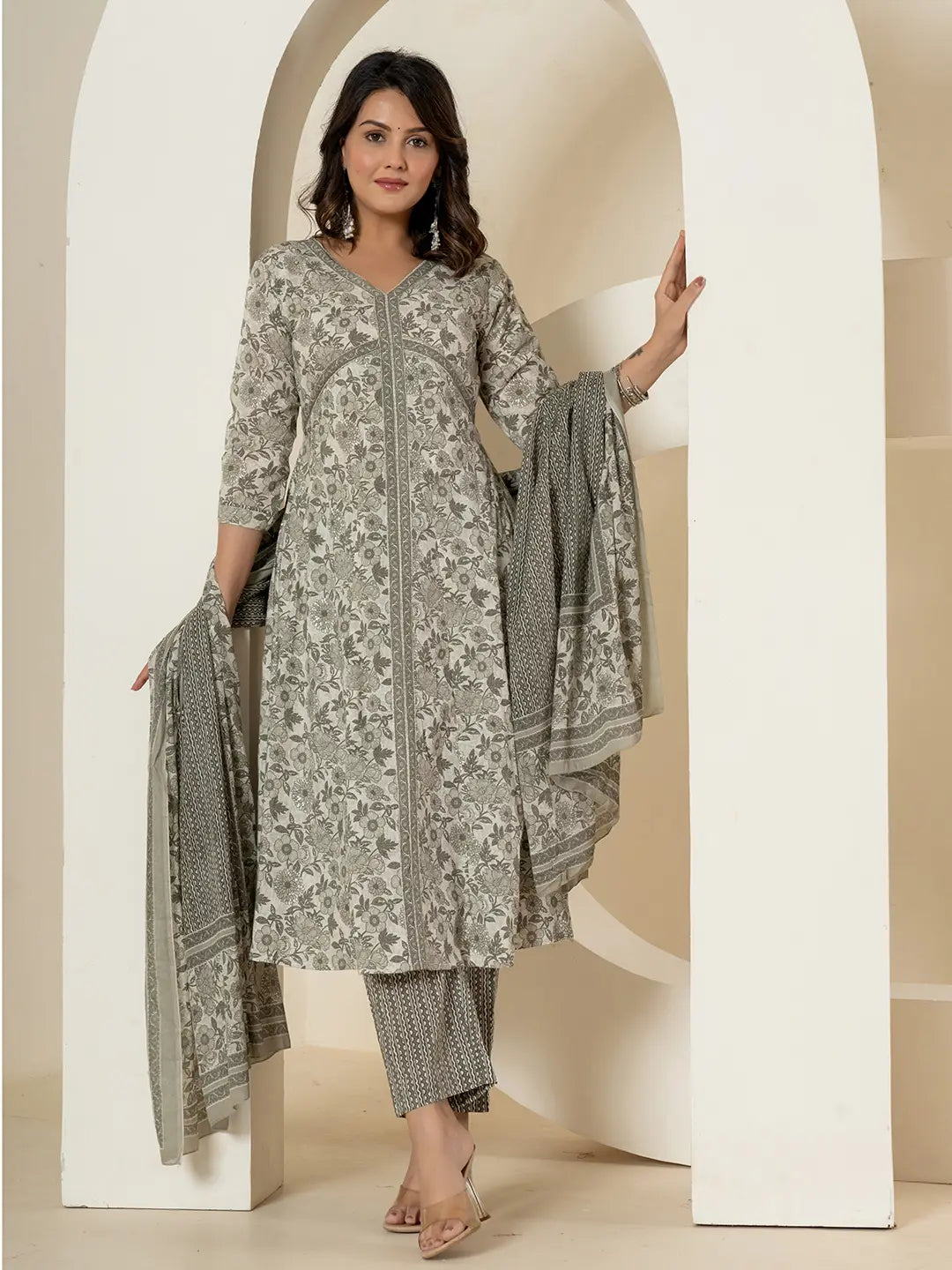 Yufta Grey Sequins_Work Pure Cotton Anarkali Kurta And Dupatta Set | Grocsy