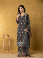 Yufta Grey Silk Kurta Dupatta Pant Set | Grocsy