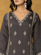 Yufta Grey Silk Kurta Dupatta Pant Set | Grocsy