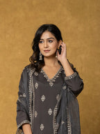 Yufta Grey Silk Kurta Dupatta Pant Set | Grocsy