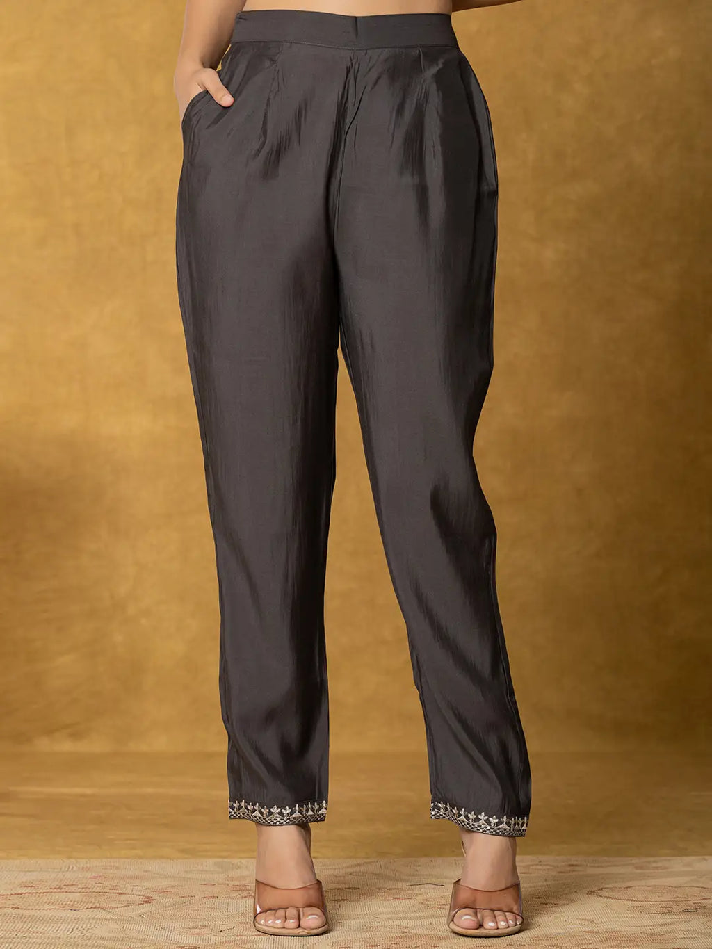 Yufta Grey Silk Kurta Dupatta Pant Set | Grocsy
