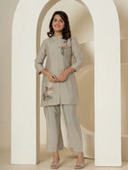 Yufta Grey Thread_Work Shirt And Trouser Silk Blend Co-Ord Set | Grocsy