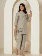 Yufta Grey Thread_Work Shirt And Trouser Silk Blend Co-Ord Set | Grocsy