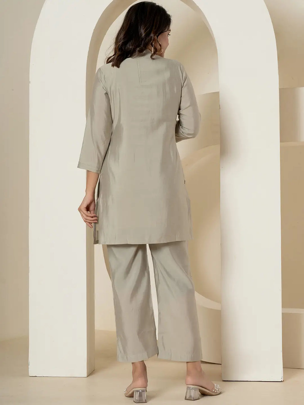 Yufta Grey Thread_Work Shirt And Trouser Silk Blend Co-Ord Set | Grocsy