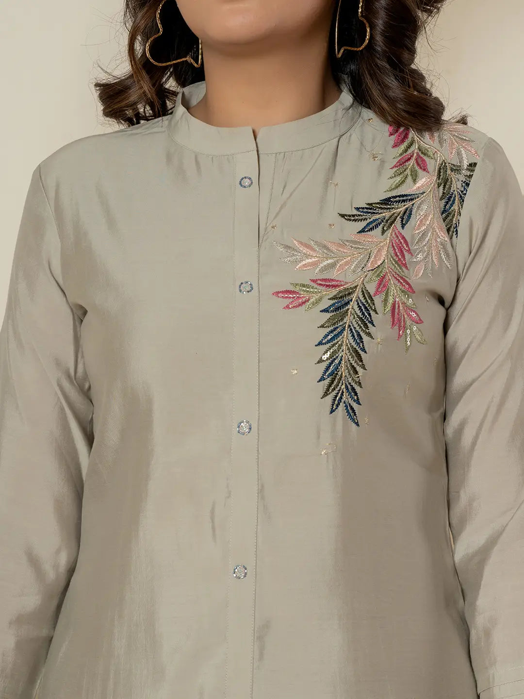 Yufta Grey Thread_Work Shirt And Trouser Silk Blend Co-Ord Set | Grocsy