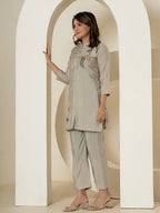 Yufta Grey Thread_Work Shirt And Trouser Silk Blend Co-Ord Set | Grocsy