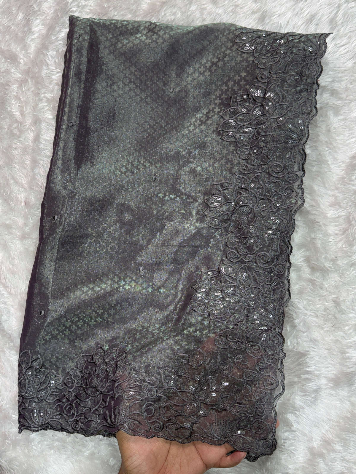 Evanik Grey Glass Satin Jecquard Weaving With Thread Sequence Work Saree With Blouse | Grocsy