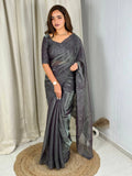Evanik Grey Glass Satin Jecquard Weaving With Thread Sequence Work Saree With Blouse | Grocsy