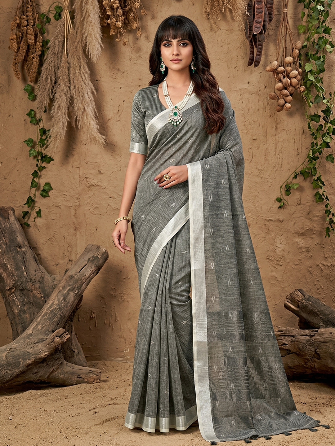 Anaita Grey Linen Cotton Zari Work Saree With Blouse | Grocsy