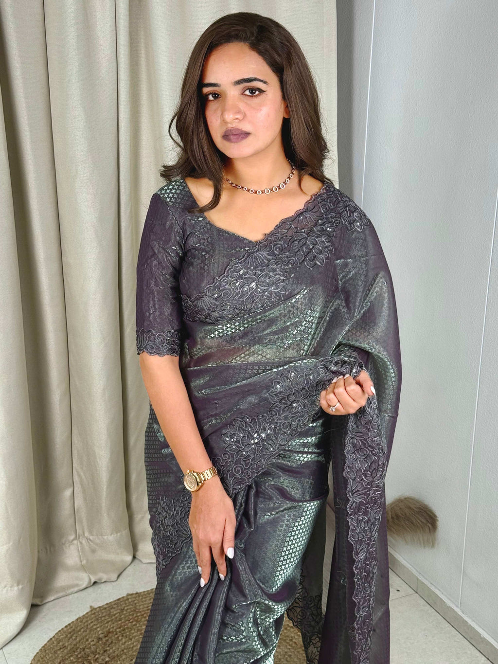 Evanik Grey Glass Satin Jecquard Weaving With Thread Sequence Work Saree With Blouse | Grocsy