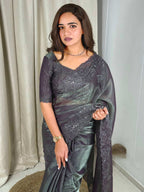 Evanik Grey Glass Satin Jecquard Weaving With Thread Sequence Work Saree With Blouse | Grocsy