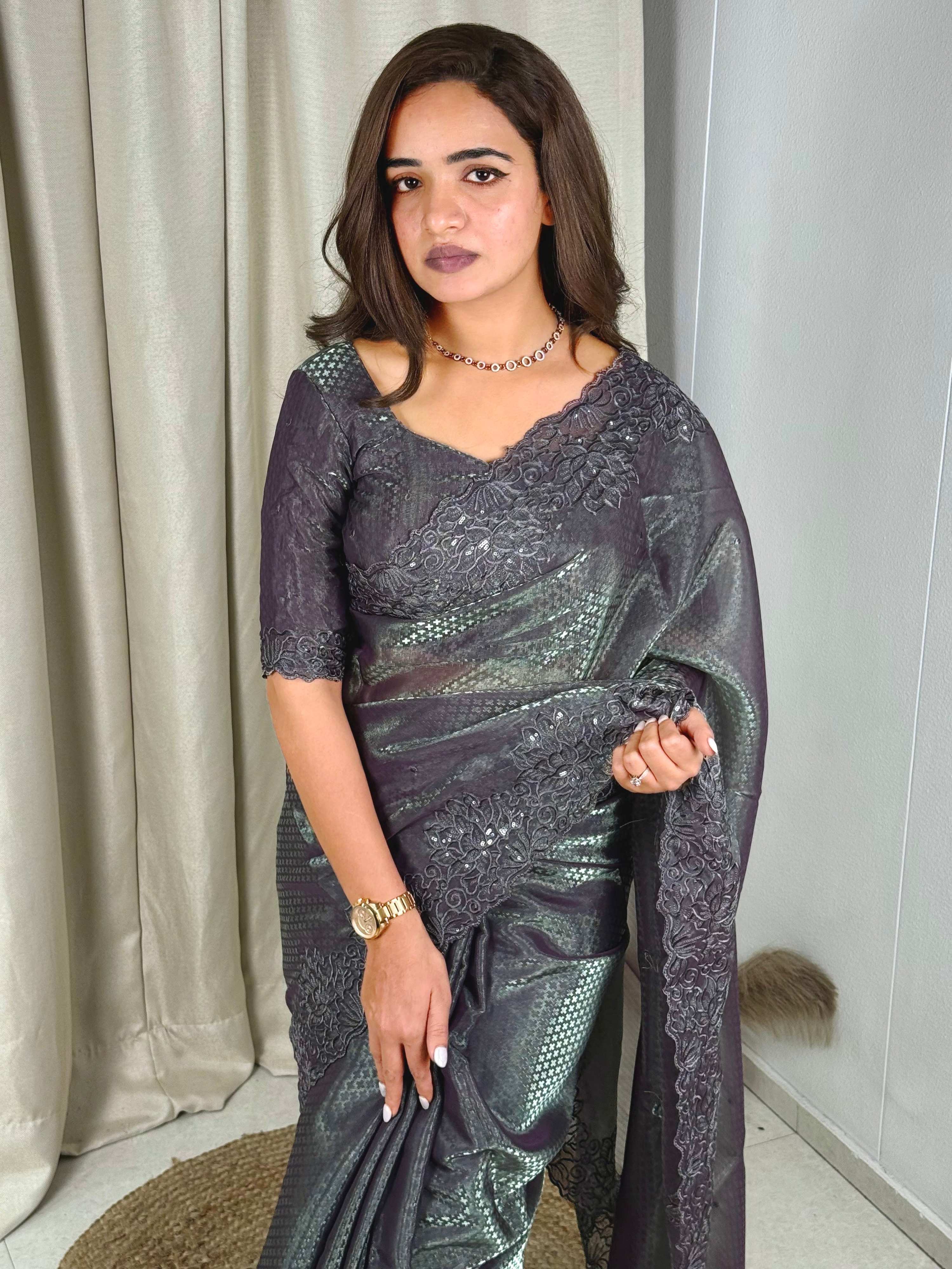 Evanik Grey Glass Satin Jecquard Weaving With Thread Sequence Work Saree With Blouse | Grocsy